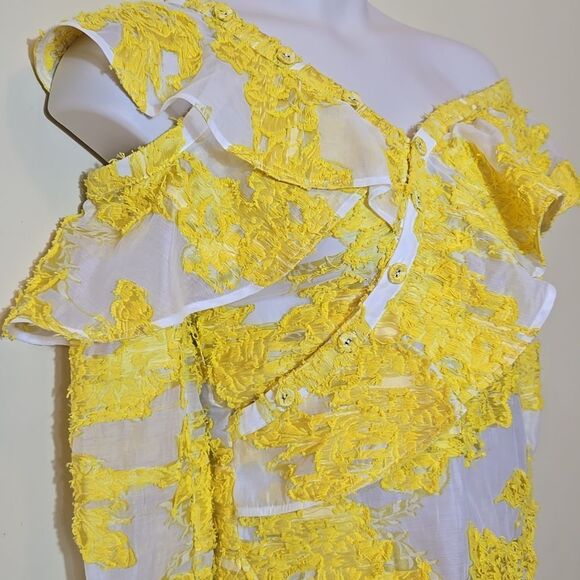 Self Portrait Yellow Floral Fil Coupe Asymetric Mesh Ruffled Top Off Shoulder - Picture 9 of 16